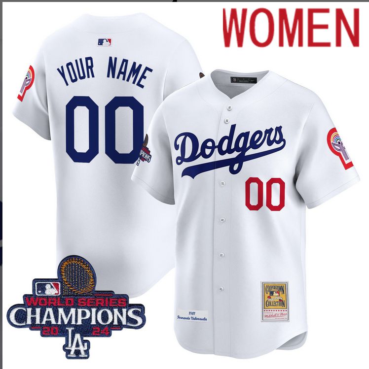 Women MLB Los Angeles Dodgers Custom white 2024 World Series Champions Patch Cooperstown Jersey style 7